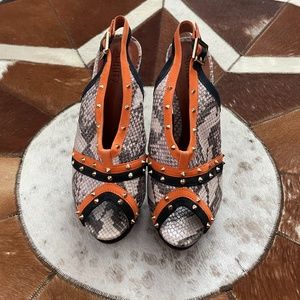 Schutz Snakeskin Heels with Orange Accents